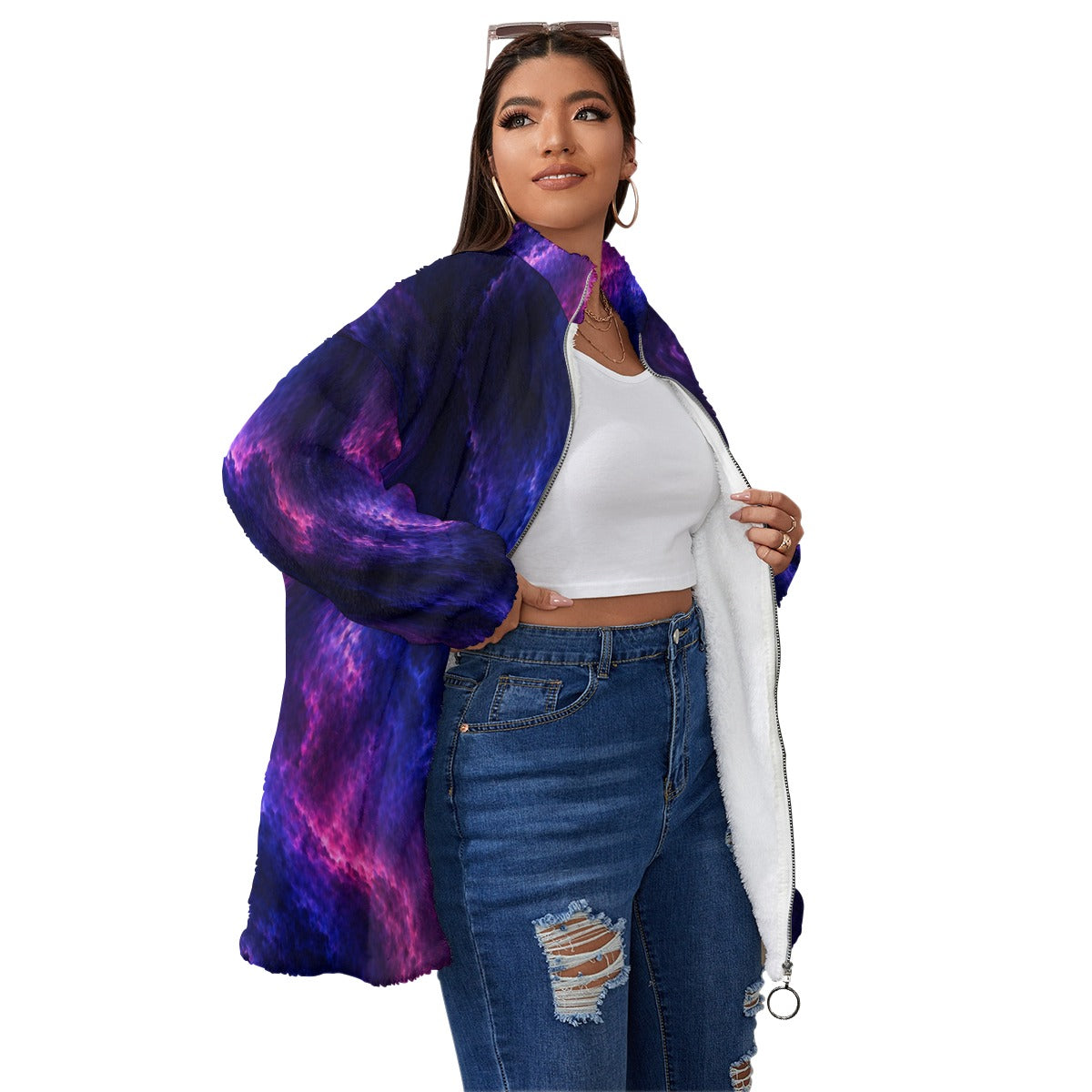 Unisex Borg Fleece Stand-up Collar Coat With Zipper Closure(Plus Size)