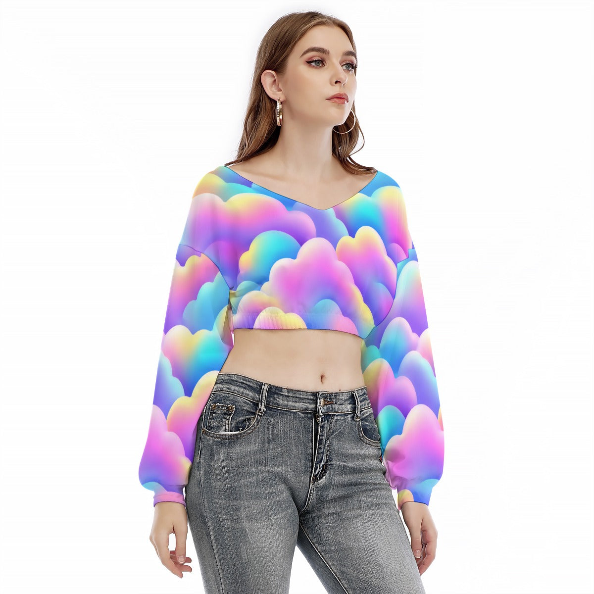 Women's V-neck Long Sleeve Cropped Sweatshirt