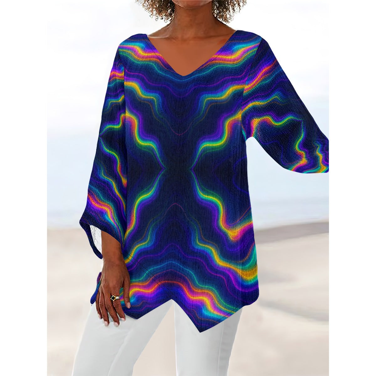 Women's V-neck T-shirt With Irregular Hem