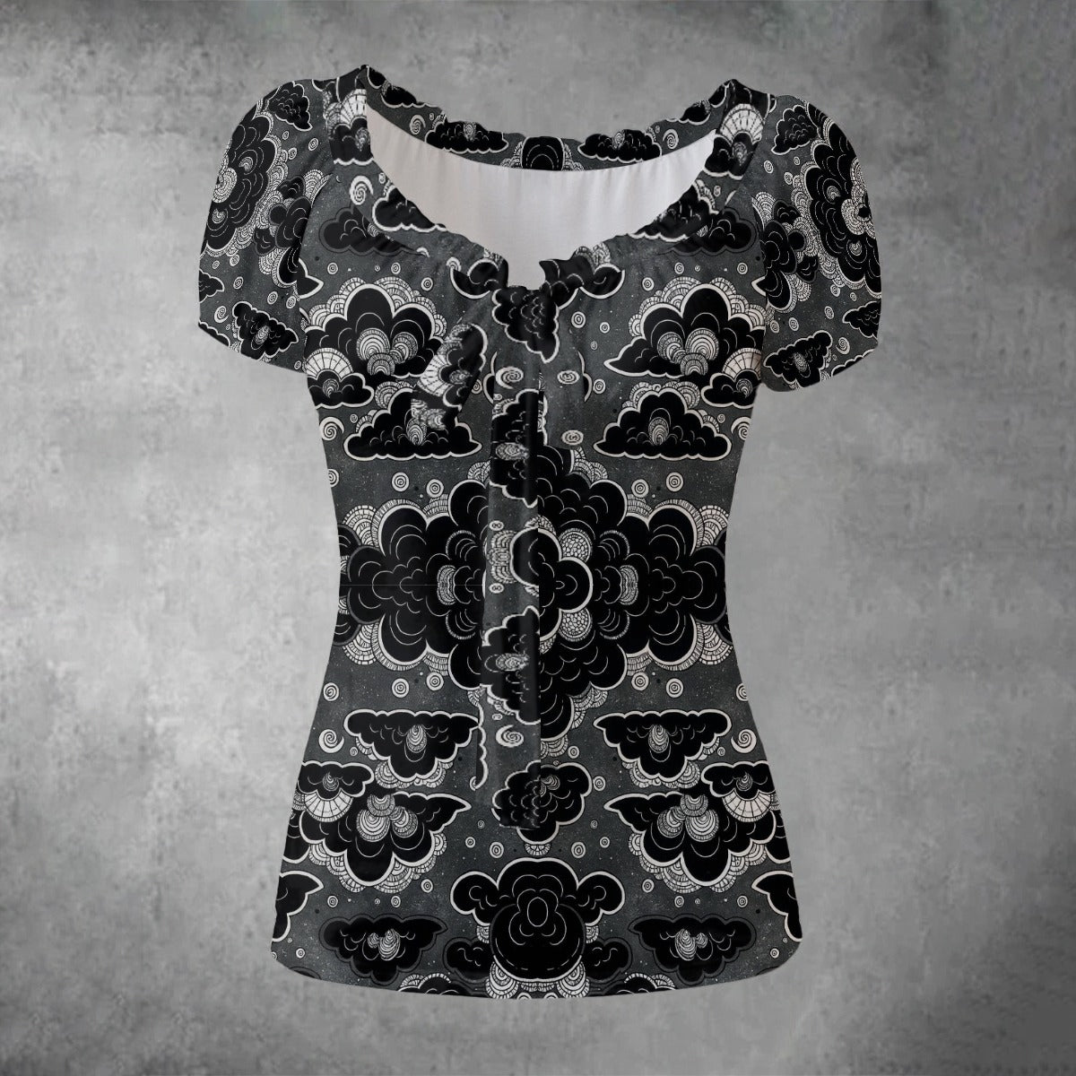 All-over print Women's Puff Sleeve Pleated Shirt