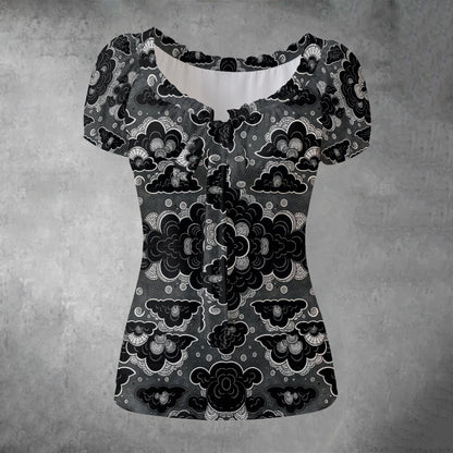 All-over print Women's Puff Sleeve Pleated Shirt