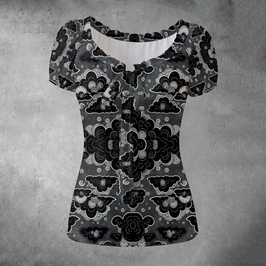 All-over print Women's Puff Sleeve Pleated Shirt