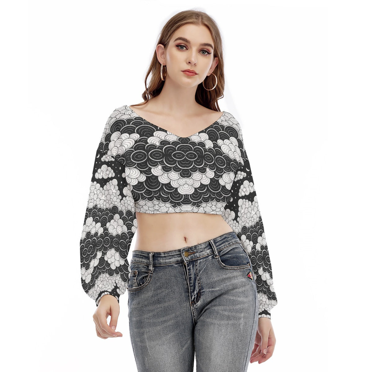 Women's V-neck Long Sleeve Cropped Sweatshirt