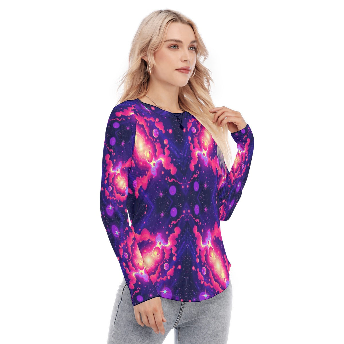 Women's Raglan Sleeves U-Shaped Hem Long Sleeves Blouse