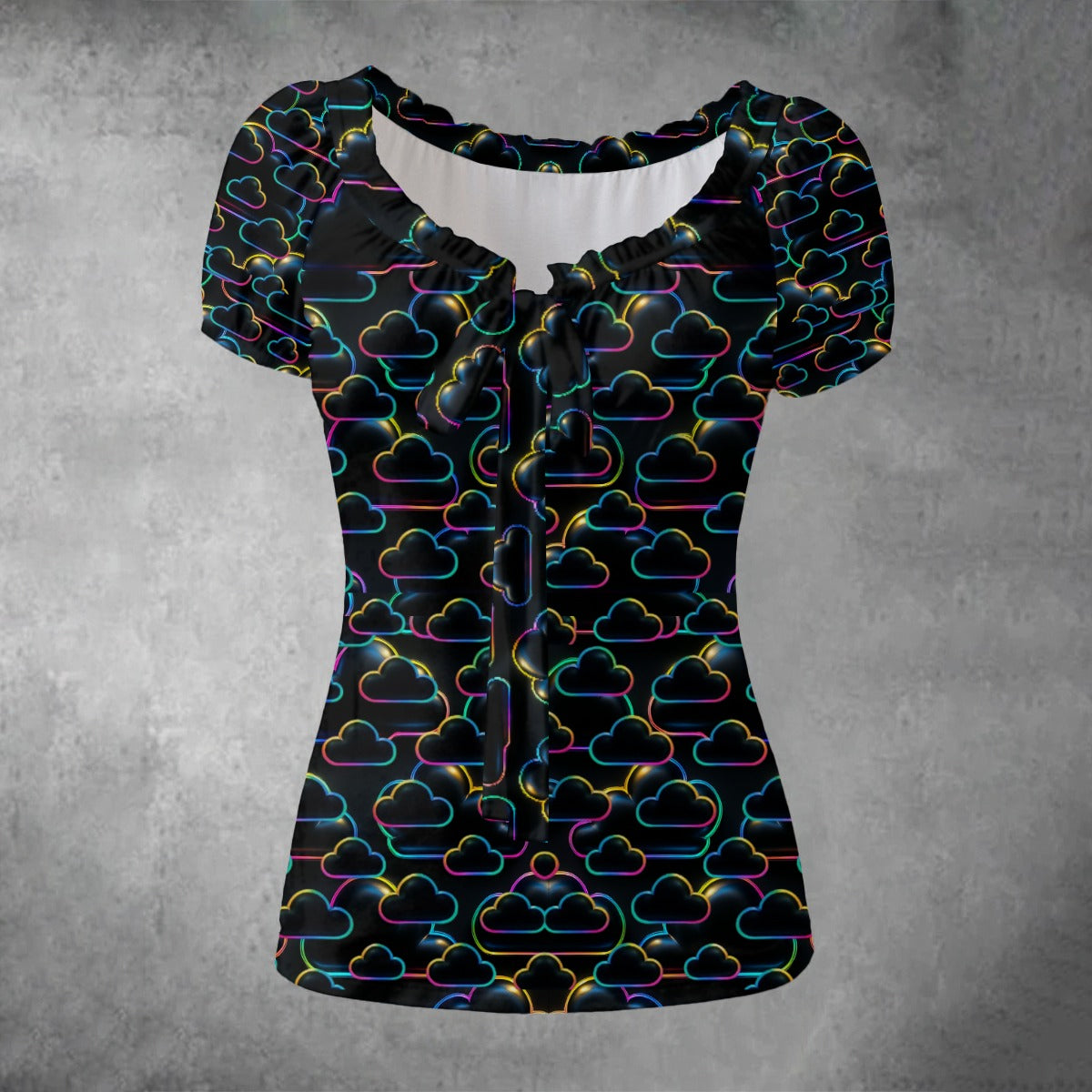 All-over print Women's Puff Sleeve Pleated Shirt