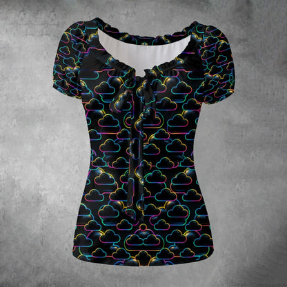 All-over print Women's Puff Sleeve Pleated Shirt