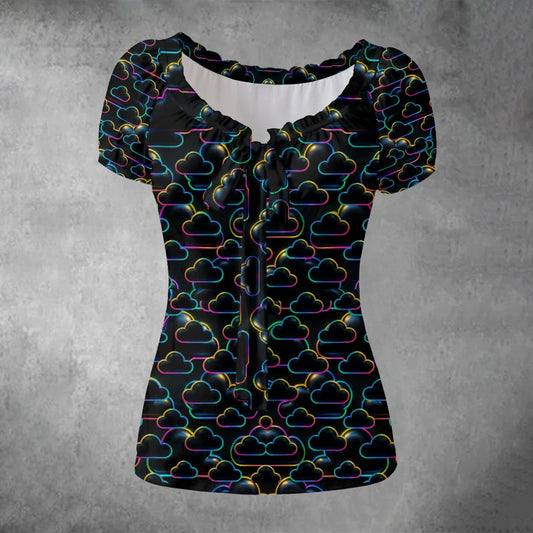 All-over print Women's Puff Sleeve Pleated Shirt