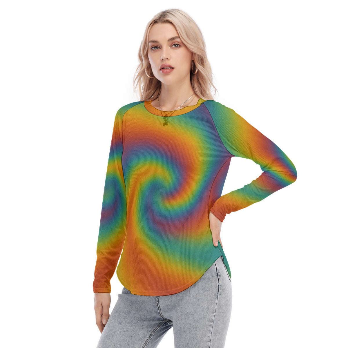 Women's Raglan Sleeves U-Shaped Hem Long Sleeves Blouse