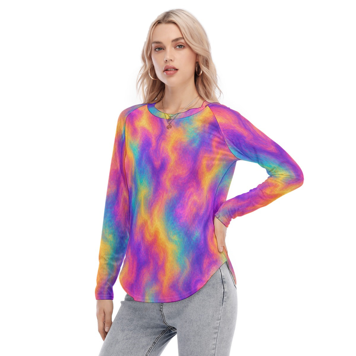 Women's Raglan Sleeves U-Shaped Hem Long Sleeves Blouse