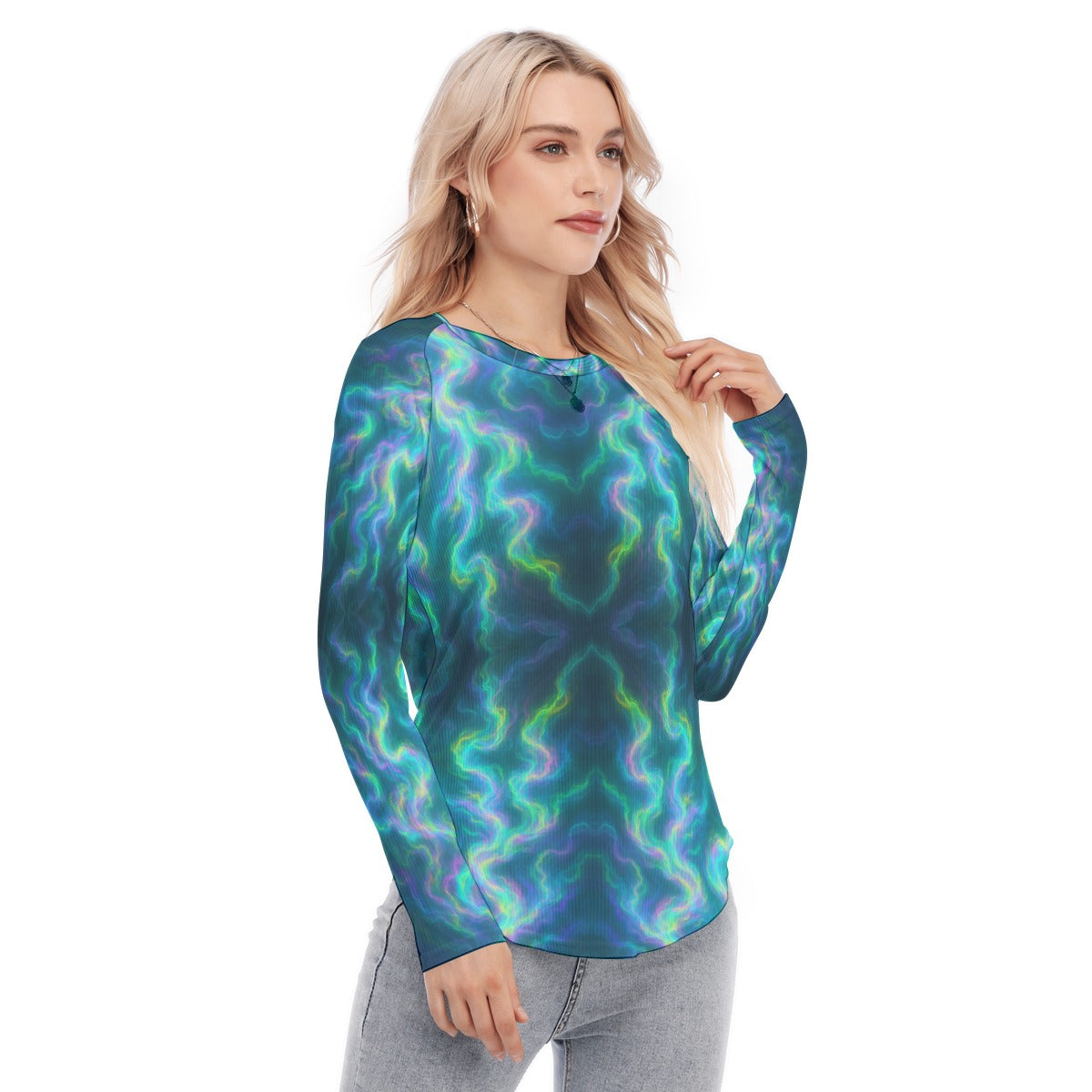 Women's Raglan Sleeves U-Shaped Hem Long Sleeves Blouse