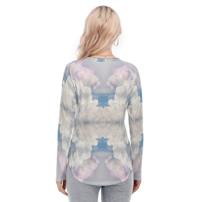 Women's Raglan Sleeves U-Shaped Hem Long Sleeves Blouse