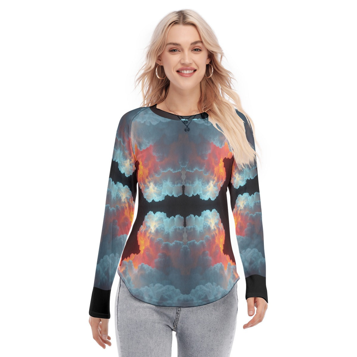 Women's Raglan Sleeves U-Shaped Hem Long Sleeves Blouse