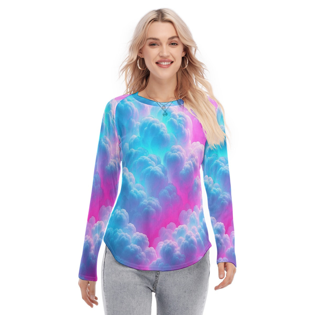 Women's Raglan Sleeves U-Shaped Hem Long Sleeves Blouse