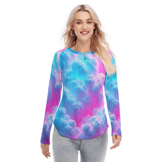 Women's Raglan Sleeves U-Shaped Hem Long Sleeves Blouse