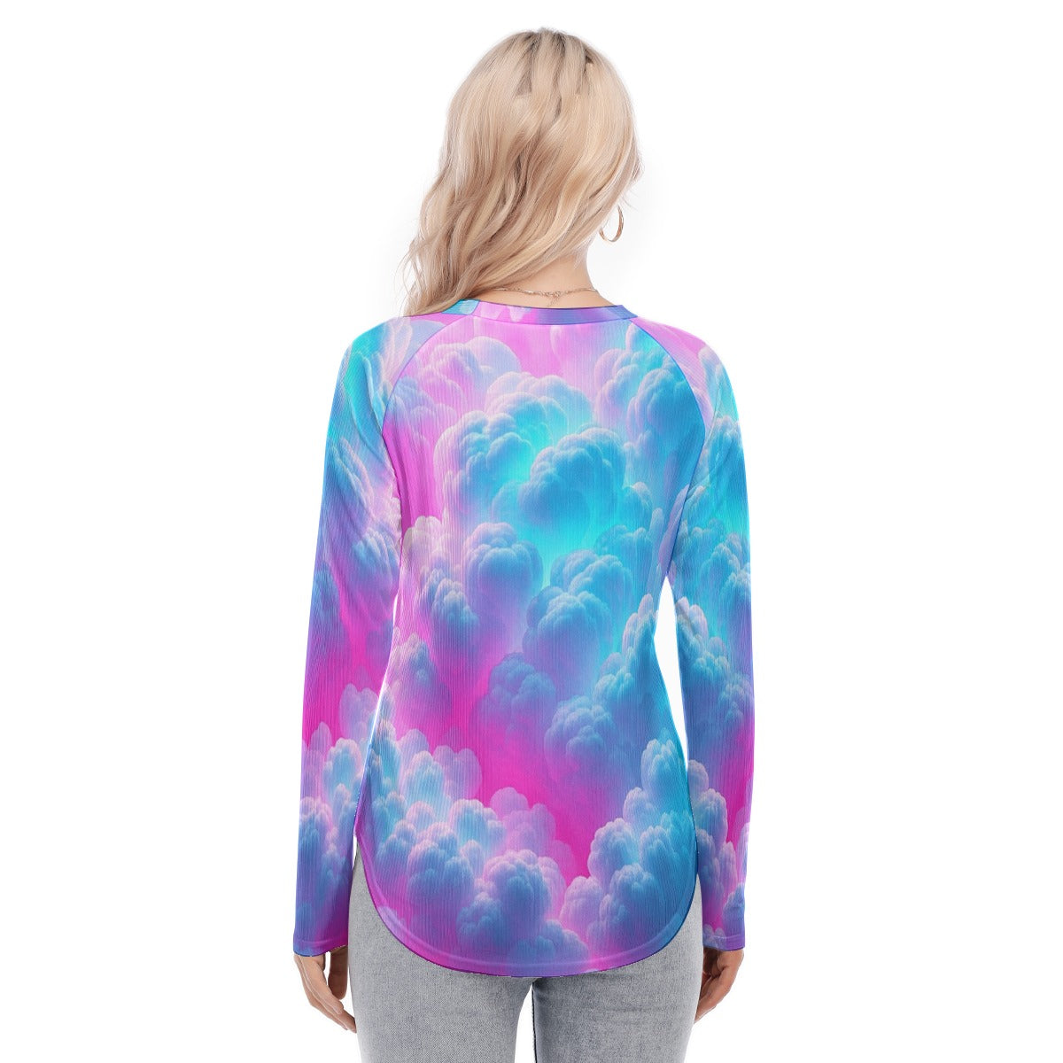 Women's Raglan Sleeves U-Shaped Hem Long Sleeves Blouse