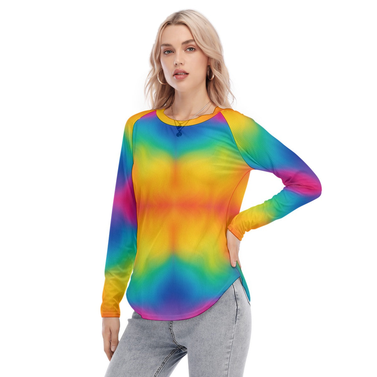 Women's Raglan Sleeves U-Shaped Hem Long Sleeves Blouse