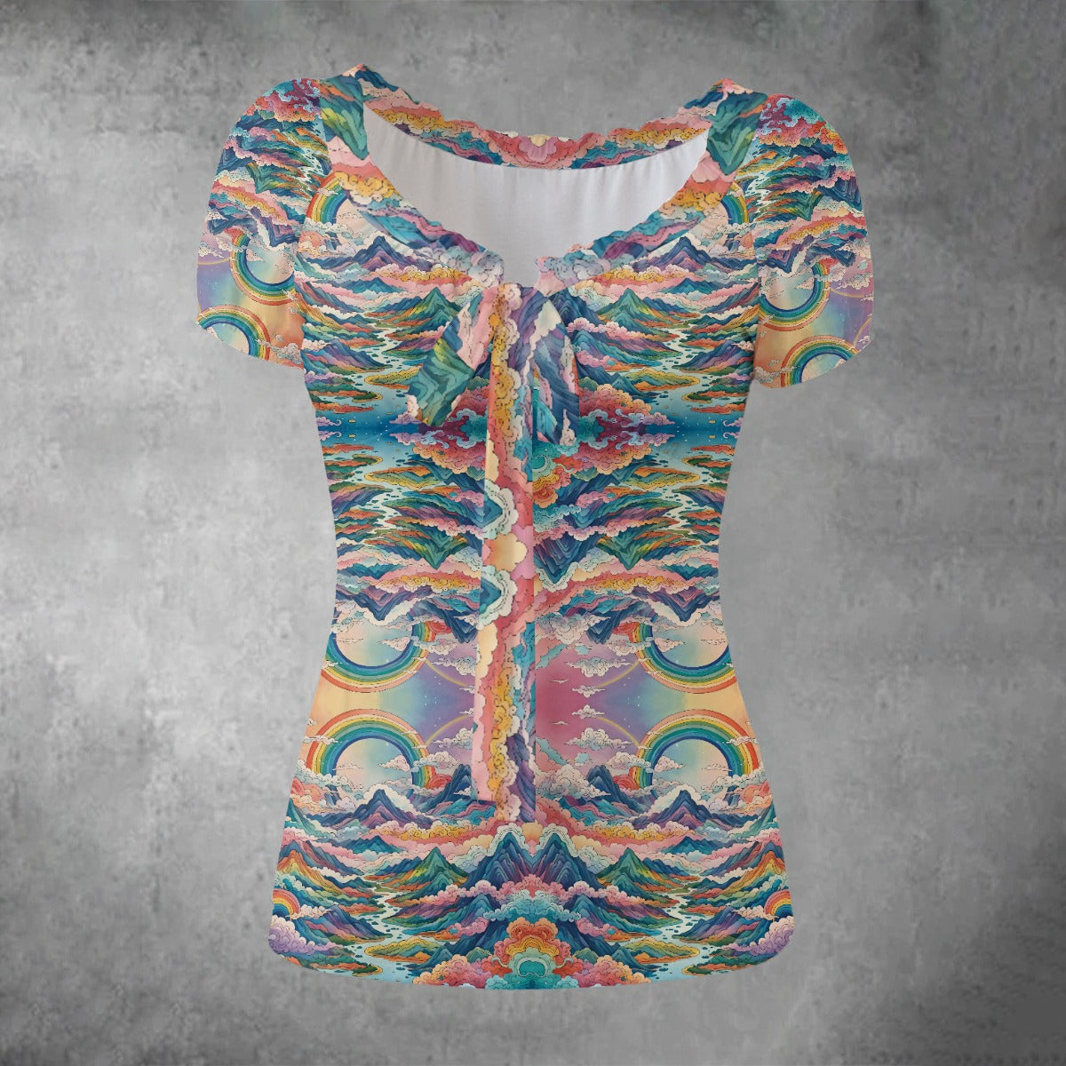 All-over print Women's Puff Sleeve Pleated Shirt