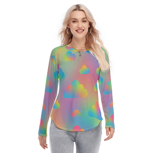 Women's Raglan Sleeves U-Shaped Hem Long Sleeves Blouse