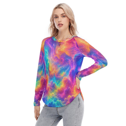 Women's Raglan Sleeves U-Shaped Hem Long Sleeves Blouse