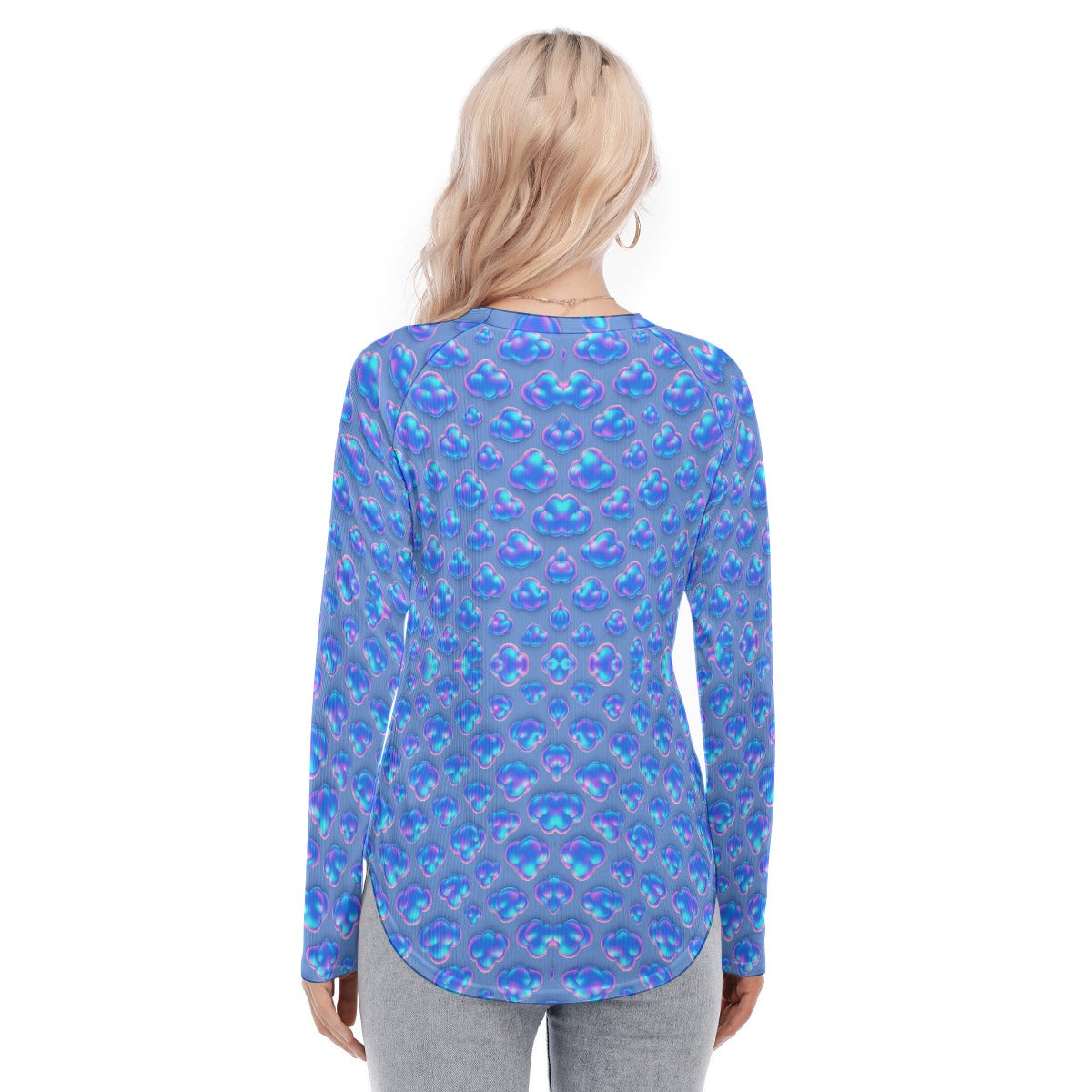 Women's Raglan Sleeves U-Shaped Hem Long Sleeves Blouse