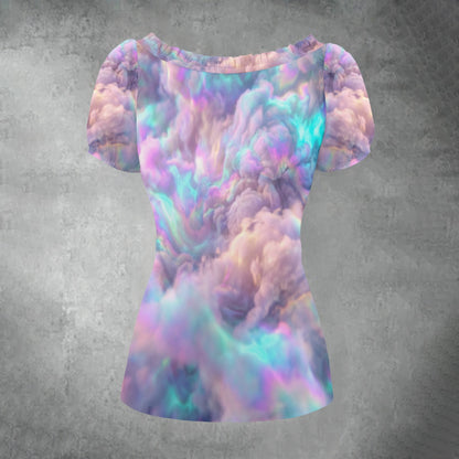 All-over print Women's Puff Sleeve Pleated Shirt