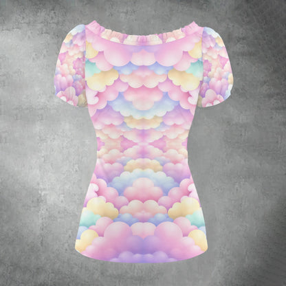 All-over print Women's Puff Sleeve Pleated Shirt