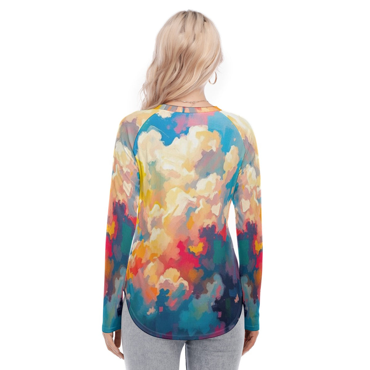 Women's Raglan Sleeves U-Shaped Hem Long Sleeves Blouse