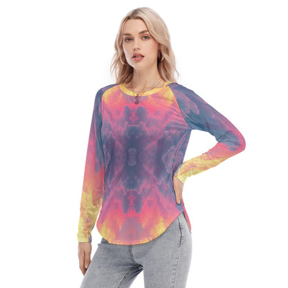 Women's Raglan Sleeves U-Shaped Hem Long Sleeves Blouse
