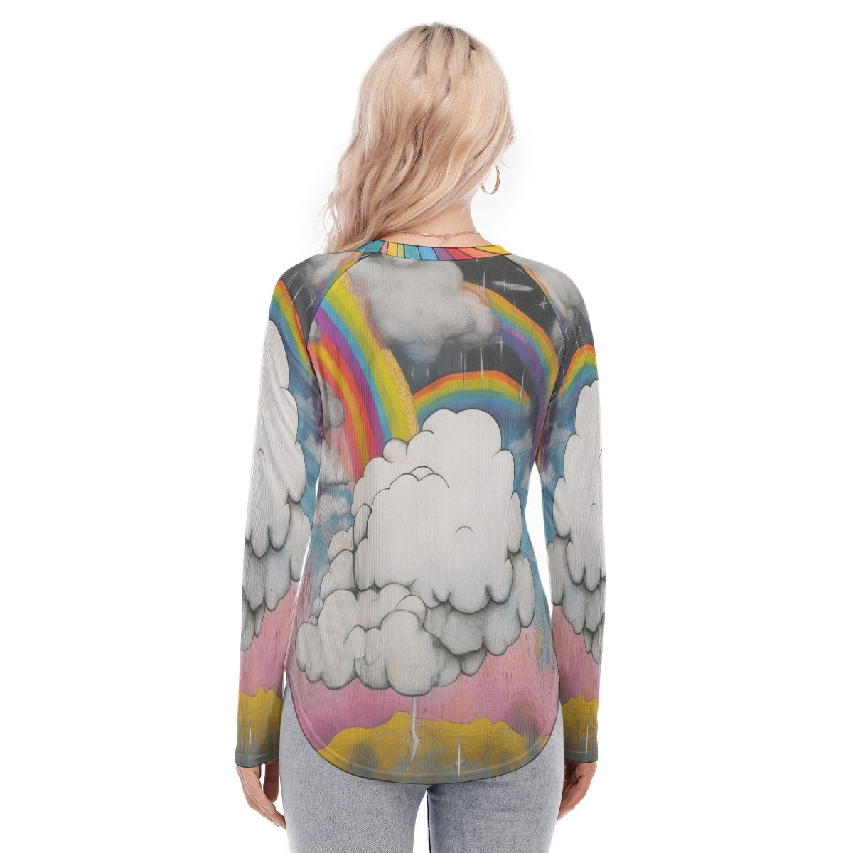 Women's Raglan Sleeves U-Shaped Hem Long Sleeves Blouse