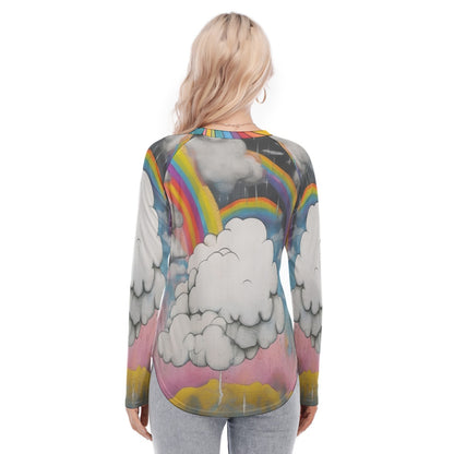 Women's Raglan Sleeves U-Shaped Hem Long Sleeves Blouse