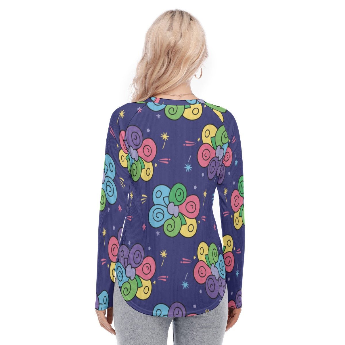 Women's Raglan Sleeves U-Shaped Hem Long Sleeves Blouse