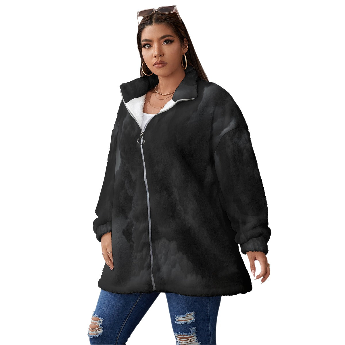 Unisex Borg Fleece Stand-up Collar Coat With Zipper Closure(Plus Size)