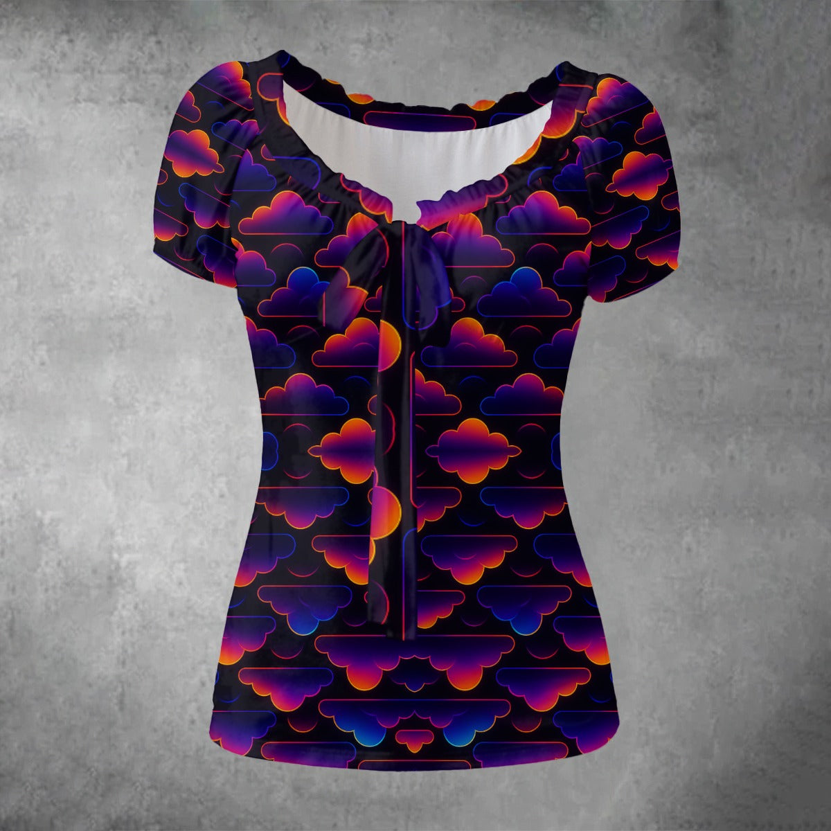 All-over print Women's Puff Sleeve Pleated Shirt