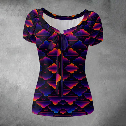 All-over print Women's Puff Sleeve Pleated Shirt