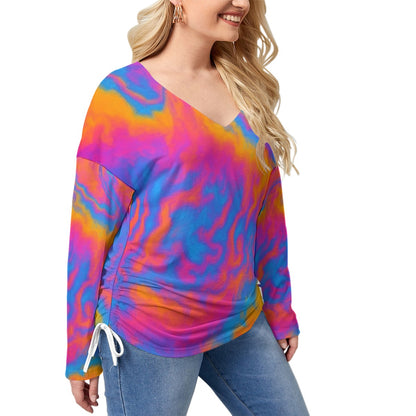 Unisex Women’s V-neck T-shirt With Side Drawstring(Plus Size)