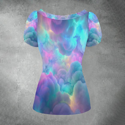 All-over print Women's Puff Sleeve Pleated Shirt