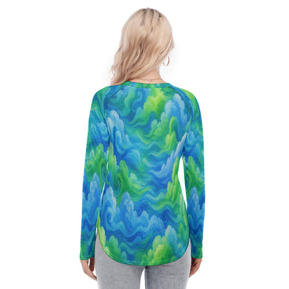 Women's Raglan Sleeves U-Shaped Hem Long Sleeves Blouse