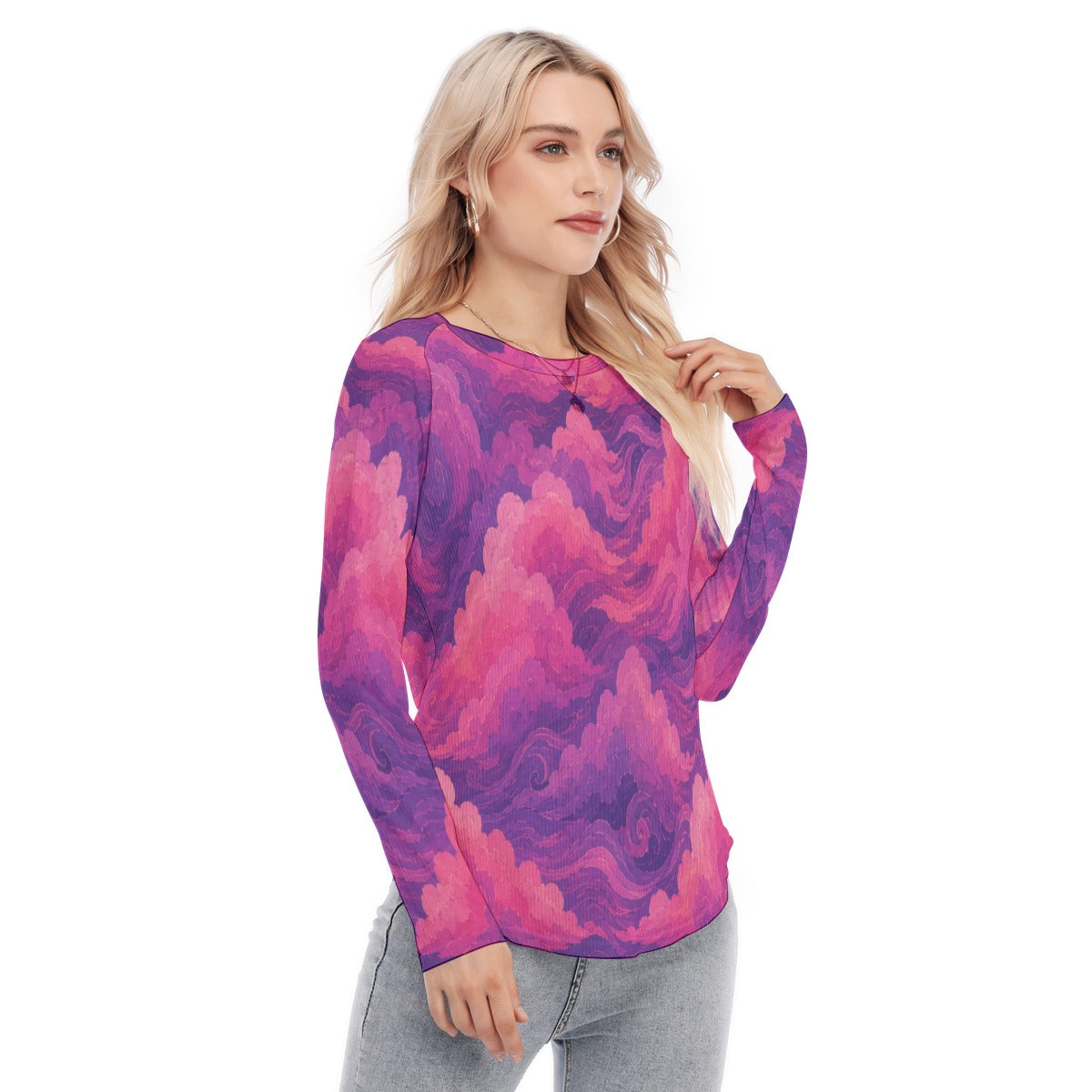 Women's Raglan Sleeves U-Shaped Hem Long Sleeves Blouse