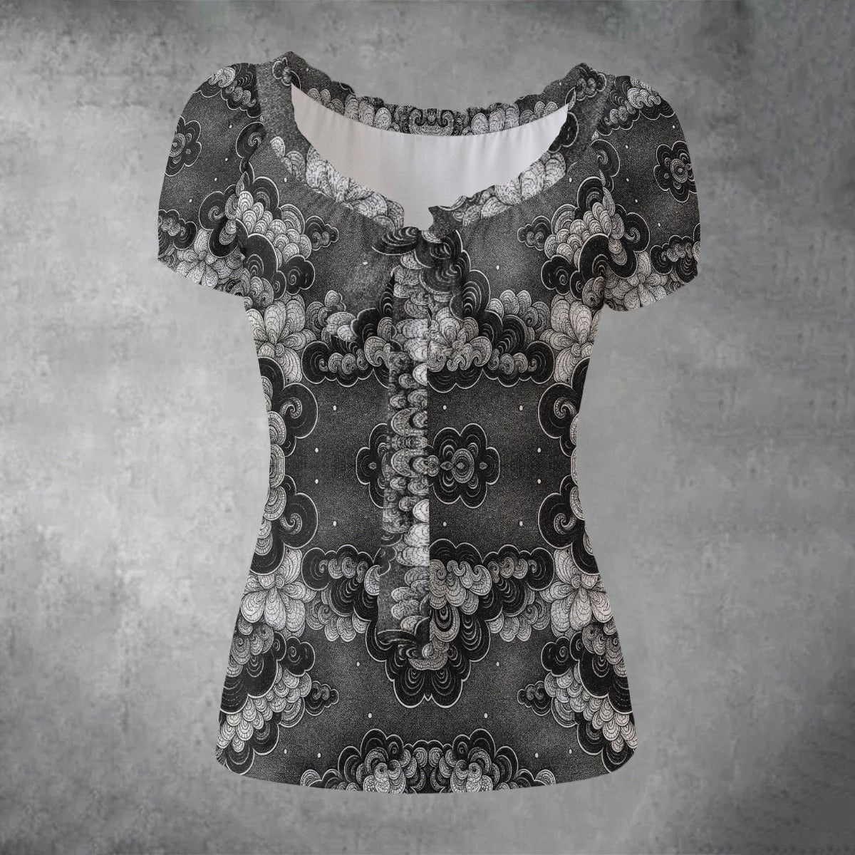 All-over print Women's Puff Sleeve Pleated Shirt