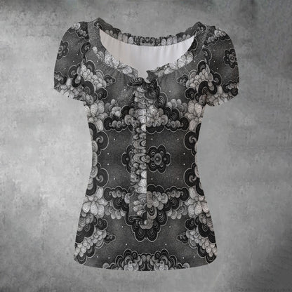 All-over print Women's Puff Sleeve Pleated Shirt