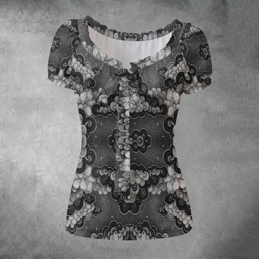 All-over print Women's Puff Sleeve Pleated Shirt