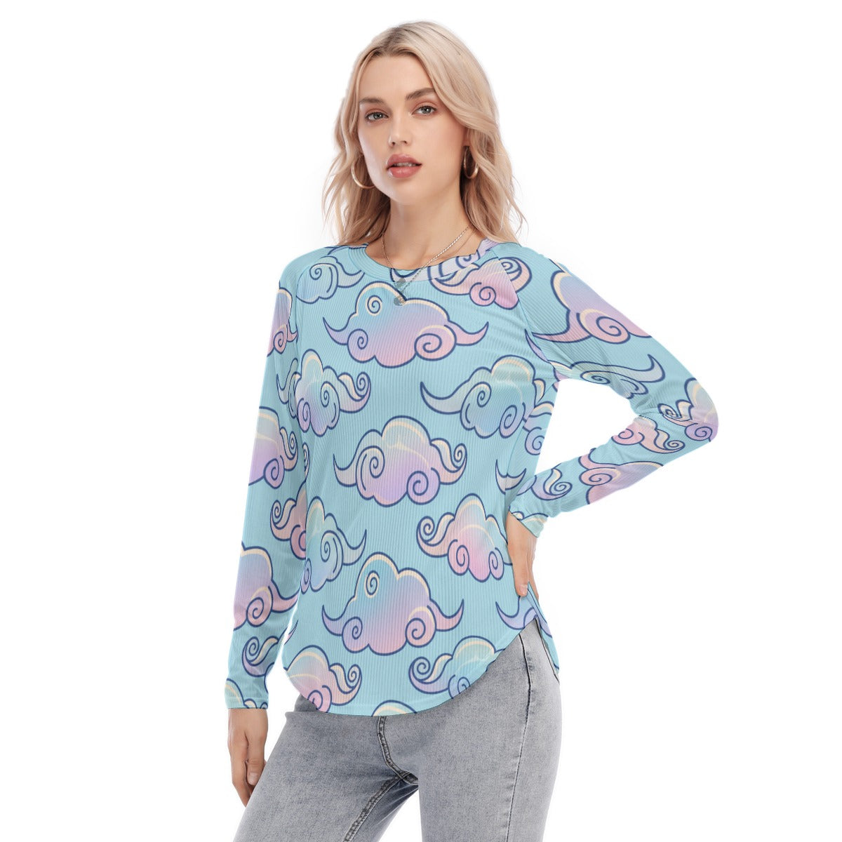Women's Raglan Sleeves U-Shaped Hem Long Sleeves Blouse