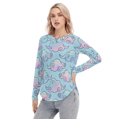 Women's Raglan Sleeves U-Shaped Hem Long Sleeves Blouse