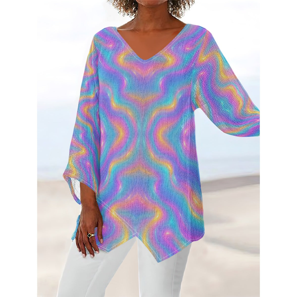 Women's V-neck T-shirt With Irregular Hem