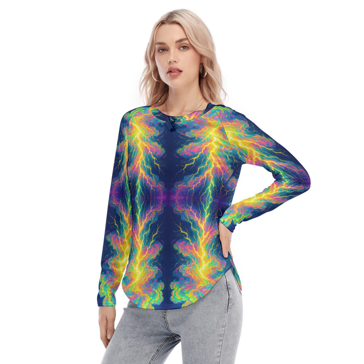 Women's Raglan Sleeves U-Shaped Hem Long Sleeves Blouse