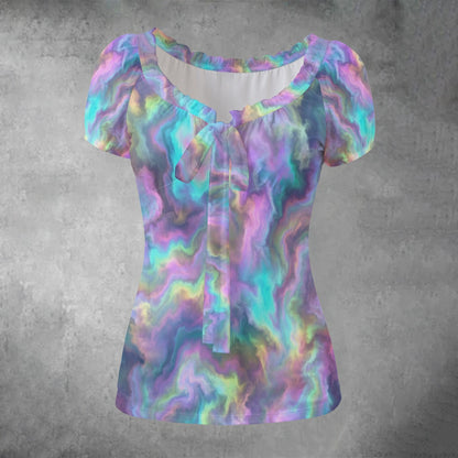 All-over print Women's Puff Sleeve Pleated Shirt