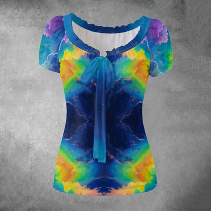 All-over print Women's Puff Sleeve Pleated Shirt