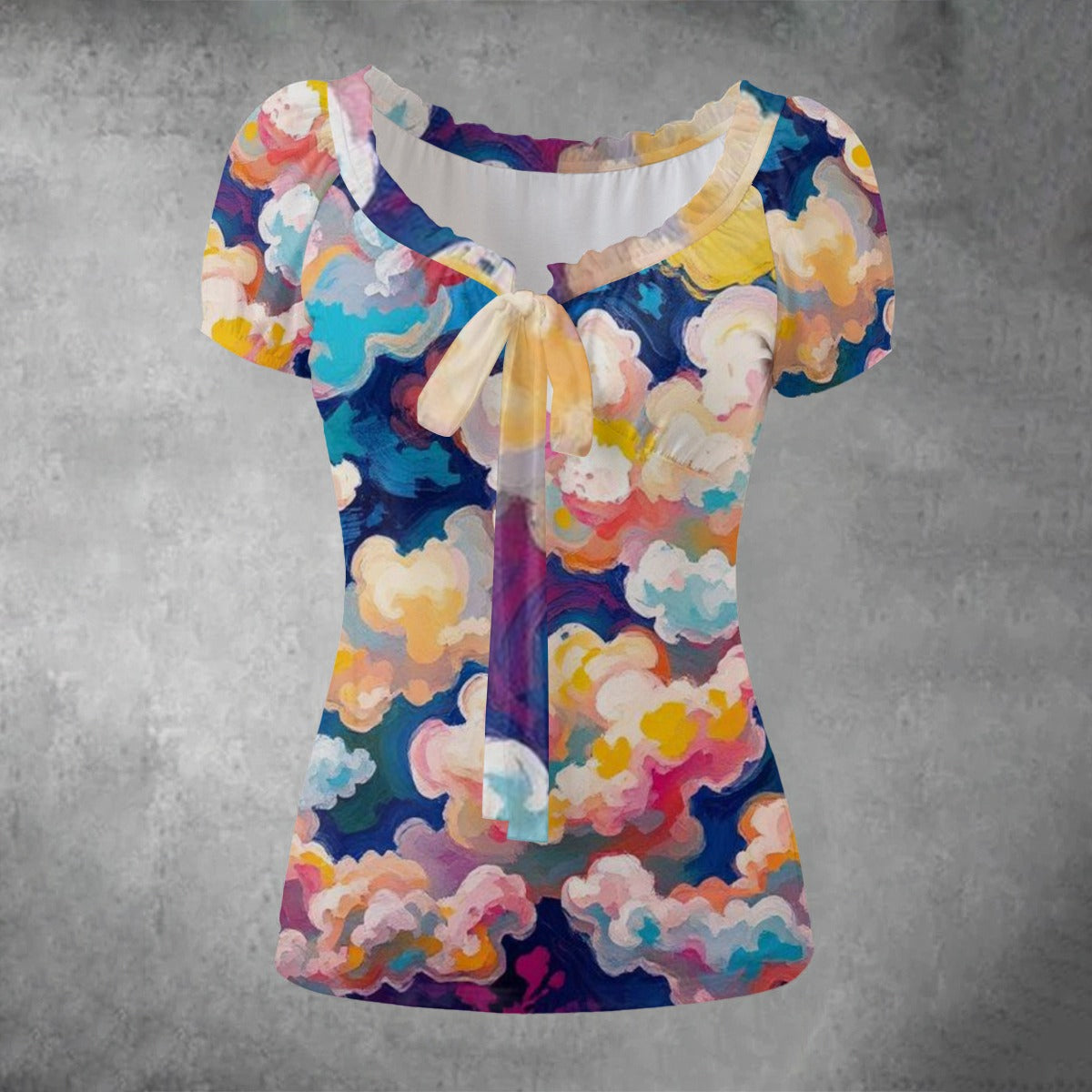 All-over print Women's Puff Sleeve Pleated Shirt
