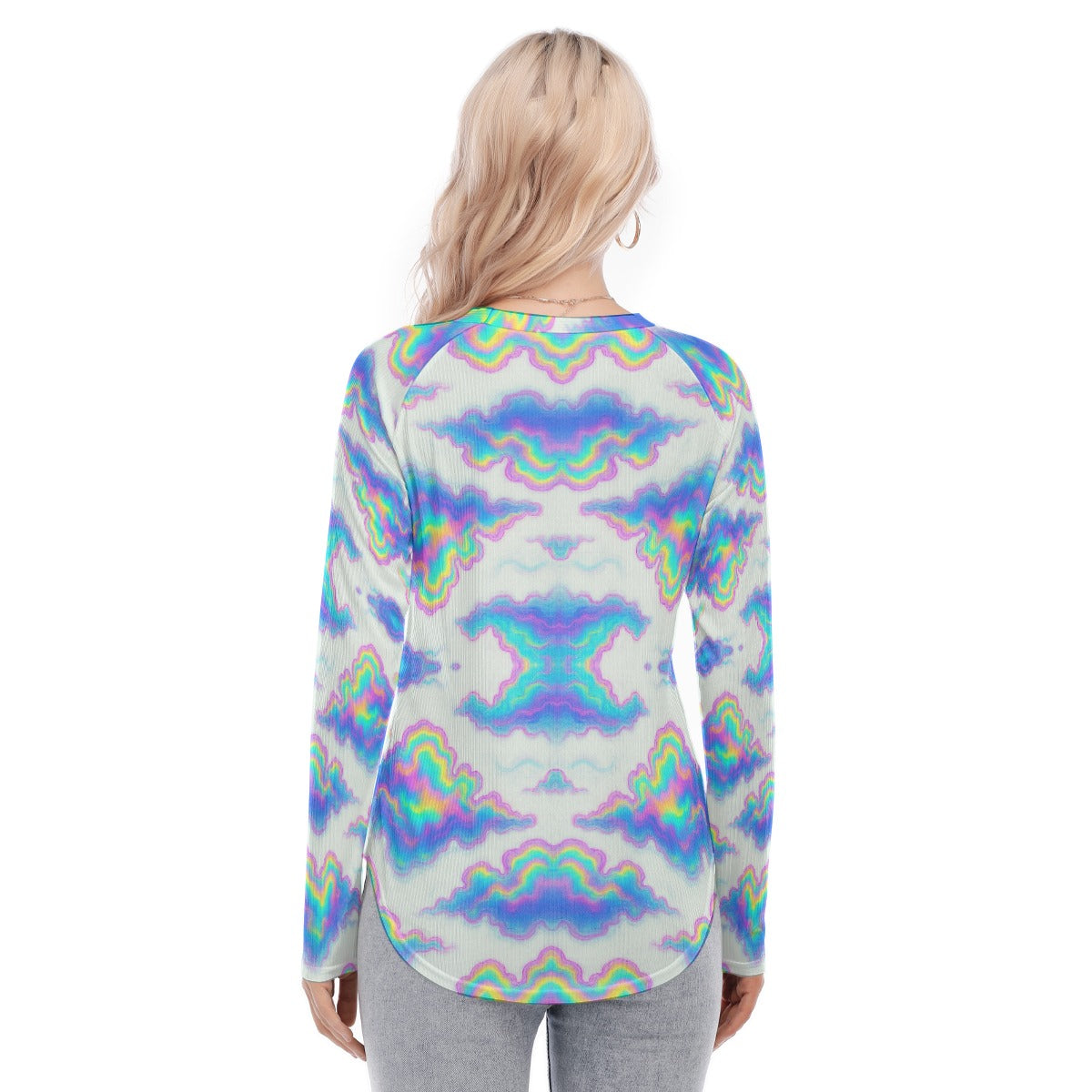 Women's Raglan Sleeves U-Shaped Hem Long Sleeves Blouse