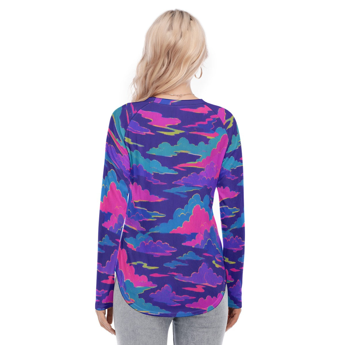 Women's Raglan Sleeves U-Shaped Hem Long Sleeves Blouse